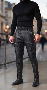 Custom Men's Black <b>Leather</b> Motorcycle <b>Pants</b> Full Zippered <b>Cargo</b> Style Winter Wear Waterproof Windproof Anti UV Adults Custom - Product Image 2