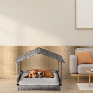Cuccia per Cani Rialzata in Rattan di Piccole e Medie Dimensioni con Cuscino Lavabile, per Interni ed Esterni, Letto per Animali Domestici in Vimini con Baldacchino - Product Image 6