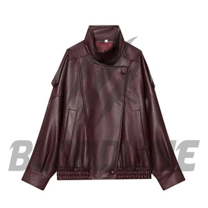 Men's Brown PU <b>Leather</b> Moto <b>Jacket</b> Stand Collar Single Button Closure Regular Fit Autumn Wear - Product Image 3
