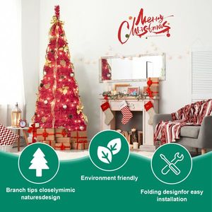 Albero di Natale Rosso 6 Piedi con 150 Luci LED Bianco Caldo, 4 Nastri, Fiocchi, Fiori, Fiocchi di Neve e Decorazioni in Pino - Product Image 3
