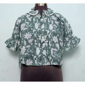 เสื้อท็อปสไตล์อินเดียลายดอกไม้หวานๆ วินเทจ คุณภาพสูงสำหรับผู้หญิง สไตล์เกาหลี เสื้อนอก ระบายอากาศได้ดี ผ้าฝ้าย 100% เป็นมิตรกับสิ่งแวดล้อม แขนทรงระฆัง - Product Image 1