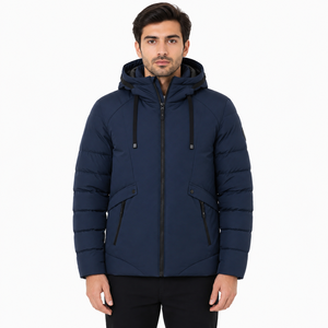 Veste matelassée à capuche bleu marine pour homme avec fermeture éclair intégrale, manteau d'hiver rembourré et isolé, décontracté - Product Image 1