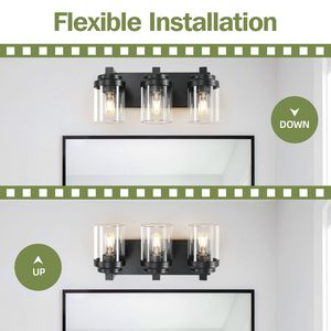 Luminaire de salle de bain noir mat à 3 lumières avec abat-jour en verre transparent pour chambre à coucher et salon - Ampoule non incluse - Product Image 4