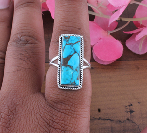 925 Sterling <b>Silver</b> Natural Blue Copper Amethyst Women's Classic Long Rectangle Matrix Stone Twisted Rope Border <b>Statement</b> <b>Ring</b> - Product Image 1