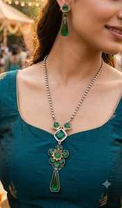 No.135 Gold <b>Statement</b> <b>Necklace</b> Set With Green Crystal And Pink Rhinestone Tassel Design For Women Wedding Jewelry - Product Image 3