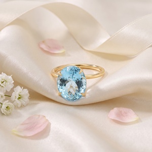 Wholesale 18K Solid Yellow Gold Natural Oval Aquamarine Prong Set Solitaire Ring Fine Jewelry Memoria Jewels - Product Image 4