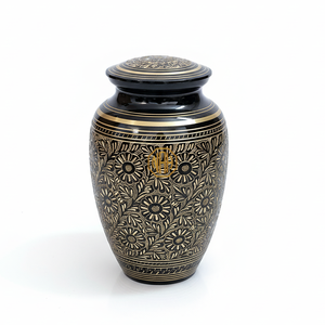 Black Brass Cremation Urn Gold Floral Engraving Memorial Ashes Urn Threaded Lid Funeral Keepsake for Human Ashes Adults - Product Image 1