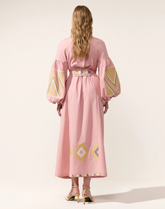 Robe longue rose en coton pour femme, broderie géométrique, manches ballon, col en V, taille à nouer, style bohème - Product Image 3