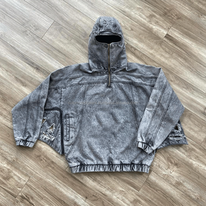 Sudadera con capucha Y2K personalizada, con relieve 3D, efecto desgastado, lavado ácido vintage, corte holgado, cremallera completa, para hombre, 100% algodón, invierno, con cuentas - Product Image 4