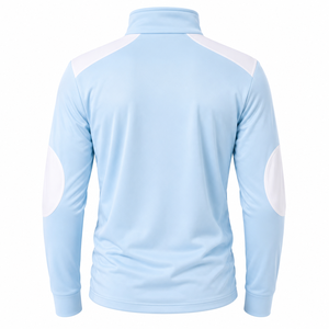 Blouson de sport bleu clair pour homme avec empiècements blancs, col montant, fermeture éclair, respirant, en polyester tricoté, coupe ajustée - Product Image 4