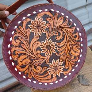 Sac à main rond en cuir véritable avec motif floral ajouré, fermeture éclair, style vintage, accessoire quotidien pour femme - Product Image 5