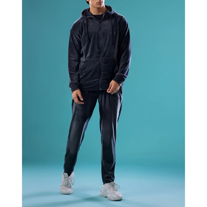 Men Velvet Full <b>Zip</b> <b>Hooded</b> Tracksuit Set Solid Color Fleece Sweatshirt Pants Casual Sportswear Autumn Wear - Product Image 1