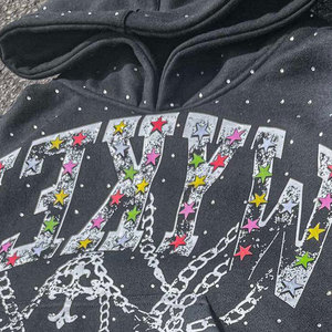 Sweat-shirt à capuche oversize pour homme, style streetwear, avec étoiles en strass et cristaux, 350 GSM, coton et polyester, mode Y2K - Product Image 4