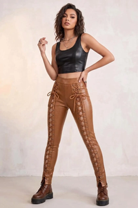 Black <b>Lace</b> <b>up</b> Genuine <b>Leather</b> <b>Pants</b> High Waist Gothic Trousers Formal Skinny Fit Full Length Clubwear Streetwear - Product Image 2