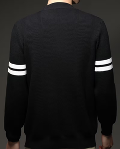 Men's Customizable Black Terry Knitted Crew Neck Breathable Pullover White Striped Sleeves Casual Winter Wear Oversized Fit - Product Image 4