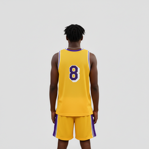 Camiseta de Baloncesto Sublimada Personalizada para Hombre, Sin Mangas, Amarilla y Morada, Número 8, Malla Transpirable, Corte Regular - Product Image 2