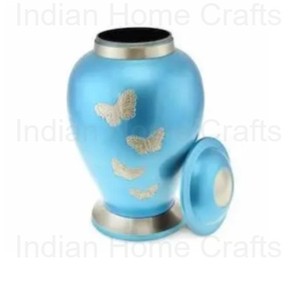 Urna Funeraria de Aluminio Azul para Cenizas de Bebé, Ataúd Conmemorativo, Florero Decorativo con Mariposas - Artesanía India - Product Image 4