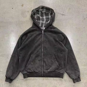 Sweat à capuche pour homme 100% coton personnalisé, double flanelle réversible à carreaux, fermeture éclair, style vintage délavé, mode streetwear - Product Image 1