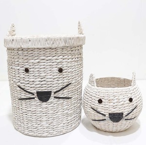 Panier de rangement vintage en jacinthe d'eau tressé en forme de chat avec couvercle, organisateur écologique en corde tressée pour chambre d'enfant, cuisine et salle de bain - Product Image 2