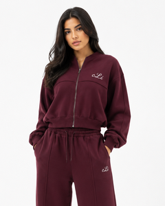 Custom Ladies' Maroon Two Piece Tracksuit Featuring Stand Collar Panel Cropped <b>Zip</b> Jacket Elastic Waist Flowing Palazzo <b>Trousers</b> - Product Image 3