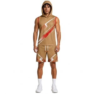 Ensemble débardeur à capuche sans manches pour homme, imprimé géométrique, séchage rapide, tenue décontractée de sport avec short assorti - Product Image 1