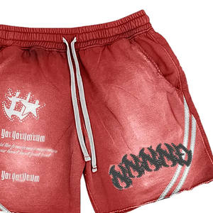 Custom Logo Streetwear Rhinestone Acid Wash Hoodie Heavy Cotton Screen Printing Sweatsuit Vintage Hoodies And Shorts Set For Men - Product Image 5