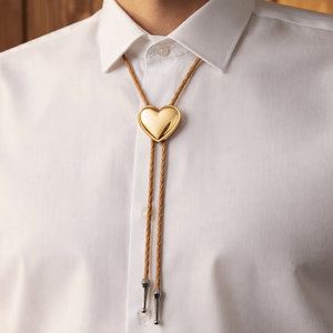 Corbata bolo con diseño novedoso, chapada en oro, con forma de corazón y correa de cuero. - Product Image 4