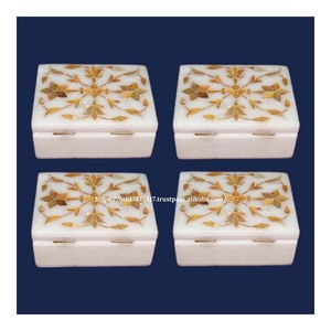 Caja de incrustaciones de mármol blanco puro de pieza recién hecha a mano exclusiva antigua con forma de rectángulo de nácar uso para artículo de joyero - Product Image 6