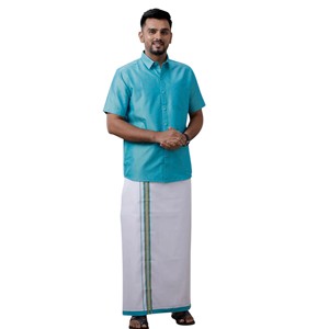RAMRAJ LINEN Conjunto de Camisa Azul Jelly de Manga Larga Ecológica para Hombre con Borde a Juego y Pantalón Dhoti |   Ocasión Especial de Verano - Product Image 1
