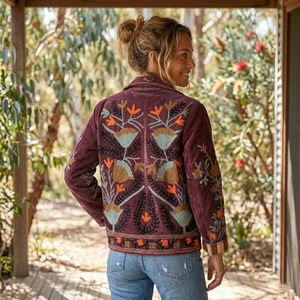 Handmade Women Velvet <b>Quilted</b> Jacket Winter Wear Vintage Suzani Embroidered Maroon Regular Coat Breathable Eco-Friendly Floral - Product Image 3
