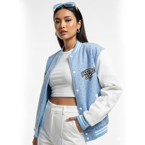 BstreetBoys Varsity <b>Jacket</b> Light Blue White Embroidered Lettering Preppy Style Unisex All season Wear Custom <b>Rhinestone</b> Varsity - Product Image 1