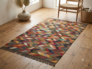 Tapis Kilim Rectangulaire Artisanal Écologique en Laine et Acrylique, Tufté à la Main, Motif Géométrique, à Poils Moyens, avec Dos en Latex, pour Salon et Maison - Product Image 2
