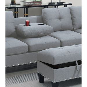 Set di Divani Componibili in Lino Grigio Tortora 3 Pezzi con Chaise Longue LAF RAF, Pouf Contenitore e Portabicchieri - Product Image 6