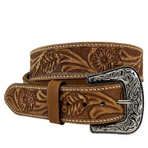 Western <b>leather</b> tooling <b>belt</b> <b>for</b> unisex floral engraved antique brass buckle hand carved tooled <b>leather</b> cowboy <b>belt</b> - Product Image 2