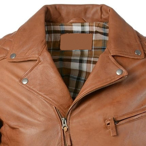 Men's Brown Genuine Leather Canvas Moto Jacket Slim Fit Zipper Closure Stand Collar Winter Wear <b>Thin</b> Waterproof - Product Image 5
