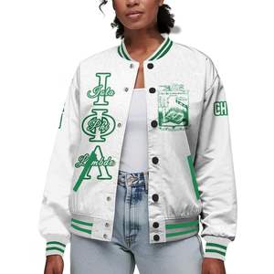 Veste universitaire personnalisée pour femmes Iota Phi Lambda, blanche, avec écusson à lettres grecques, numéro de sororité et année, style bomber - Product Image 1