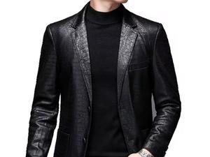 <b>Men's</b> Black PU Leather Motorcycle <b>Jacket</b> Stand Collar Single Button Embossed Pattern Slim Fit <b>Smart</b> Casual Winter Waterproof - Product Image 4