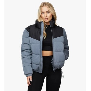 Color Blocking Puffer <b>Jacket</b> Stand Collar Zipper Closure Windproof Winter Casual Thick Polyester Wadding Short Length Regularfit - Product Image 1