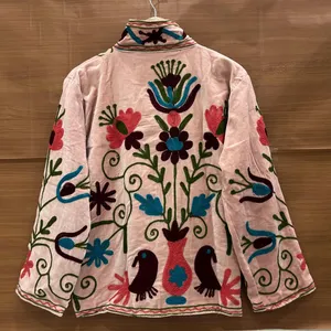 Women Pink Velvet Embroidered Suzani Jacket with Floral Pattern Full Sleeve <b>Stand</b> Collar Handmade Bohemian Autumn <b>Coat</b> - Product Image 4