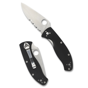 Couteaux de poche pliants à lame argentée avec manche ergonomique noir, bord de coupe partiellement dentelé, trou rond pour le pouce et clip métallique - Product Image 1