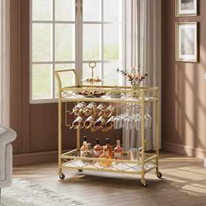 Modern Gold Metal Bar Cart with Wine Rack and Glass Holder 2 Tier Luxury Rolling <b>Serving</b> <b>Trolley</b> for Home Liquor Storage Shelf - Product Image 1