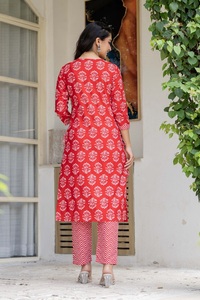 Women's <b>Red</b> Printed Cotton Kurta With Matching Pants V-Neck Casual Top Spring Summer Wear - Product Image 2