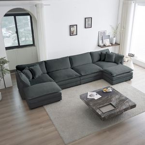 Divano Sezionale a U Grande Reversibile con Chaise Longue, Comodo, con Doppi Pouf Extra, in Ciniglia Grigia, Modulare per Soggiorno - Product Image 1