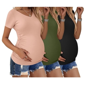 Camiseta de Maternidad de Manga Corta con Cuello en V para Mujer, Color Sólido, con Laterales Fruncidos, Corte Ajustado, Informal, para Primavera/Verano - Product Image 1