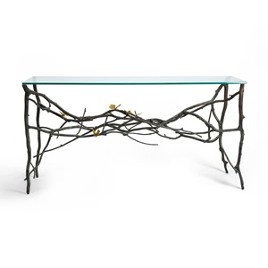 Saleem international 2026 Luxury Upholstered <b>Table</b> with Gold Metal Ginkgo Leaf Base <b>Decorative</b> Entryway or Bedroom Seating - Product Image 5