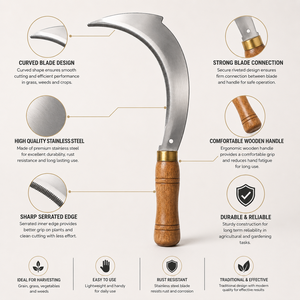 Faucille professionnelle en acier inoxydable courbée avec manche en bois pour la coupe de l'herbe, le désherbage, la récolte des cultures, les travaux agricoles et les utilisations en jardinage - Product Image 3