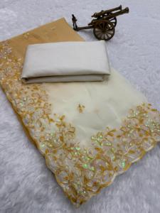 Sari indien tendance en tissu premium texturé avec broderie C-pallu et travail multi-fils, bordure découpée en arc - Product Image 5