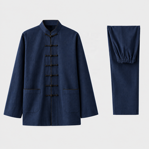 TESSUTO Uniforme d'arts martiaux bleu marine en polyester et coton, ensemble Tang avec passepoil noir, boutons grenouille et col mandarin - Product Image 1