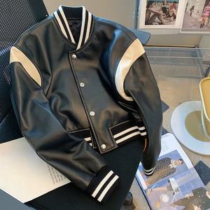 Wholesale Manufacture Black Lamb Skin Leather Bomber <b>Coat</b> Crop Real Leather Varsity Jacket For Women - Product Image 2