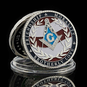 Moneda Conmemorativa Masónica Personalizada, Tono Plateado, Rojo, Blanco y Azul, Compás Cuadrado, Recuerdo de Logia Masónica, Chapado en Oro, Troquelado - Product Image 2